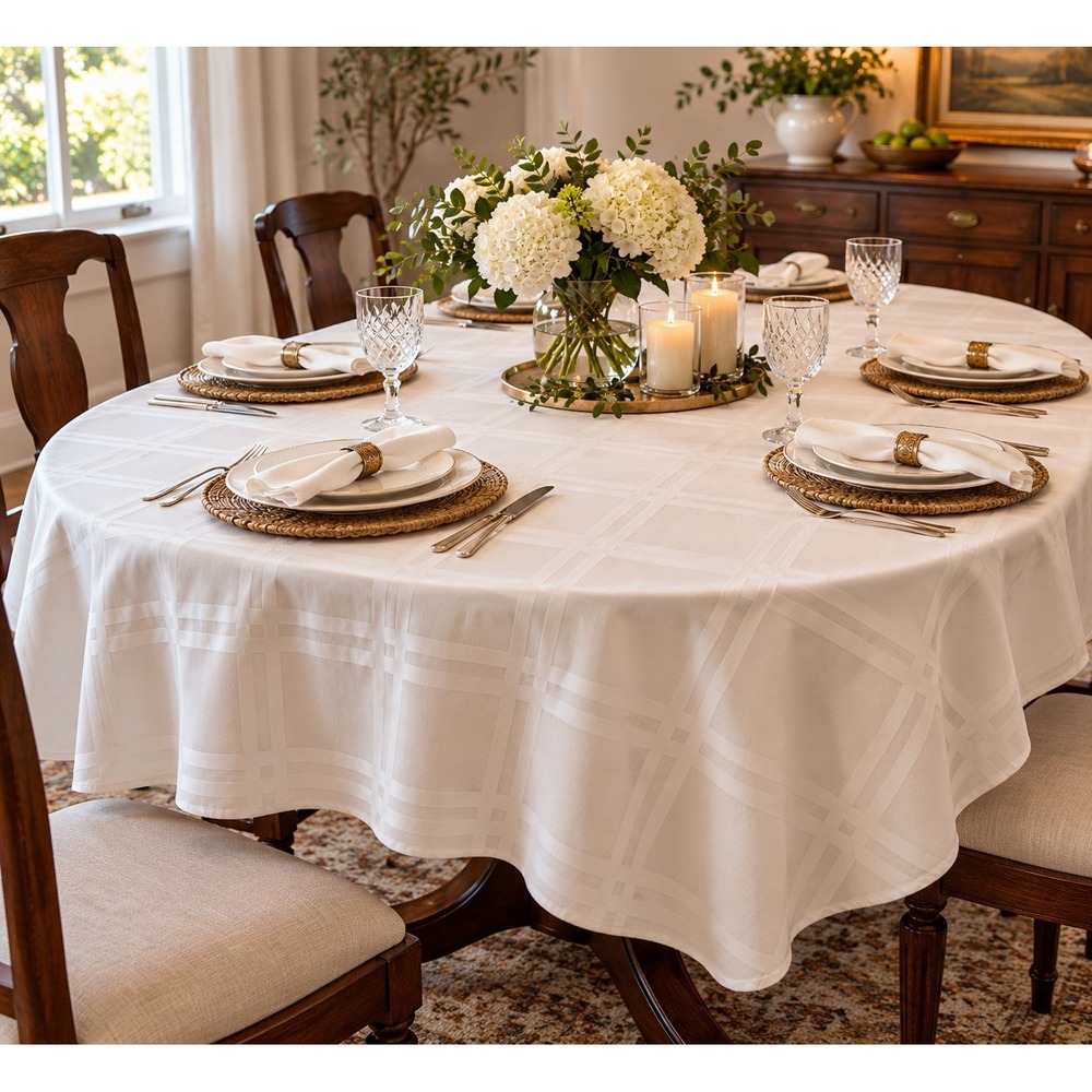 Vintage Oval Damask Tablecloth 80x60 Off White Woven Plaid Check Pattern